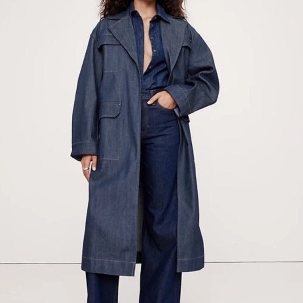 Banana Republic Dark Indigo Denim Trench Coat Long Belted Duster NWT Sz S